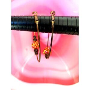 Vintage Peachy Gold Jeweled Ball Hoop Pierced Earrings, in Copper tone, Unmarked